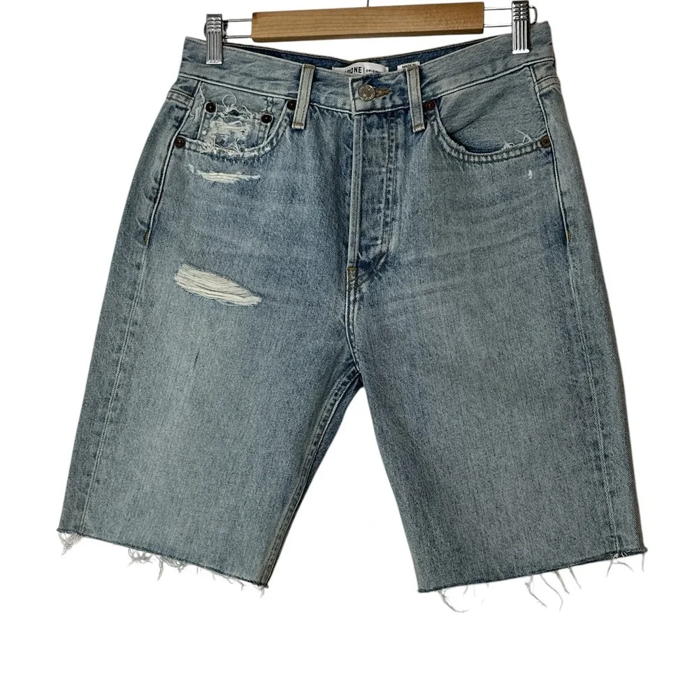 Re/Done 80's Long Short High Rise Jean 27  Denim Blue Raw Hem Button Fly‎ New